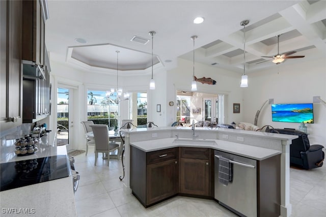 kitchen with dark brown cabinets, stainless steel dishwasher, pendant lighting, sink, and coffered ceiling