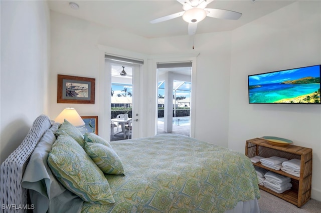 carpeted bedroom featuring access to outside and ceiling fan