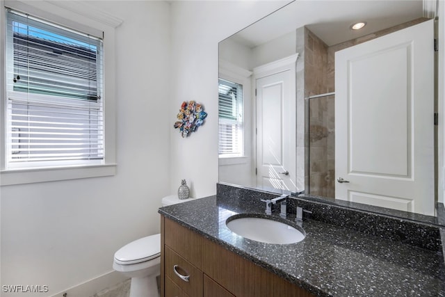 bathroom featuring toilet, walk in shower, and vanity