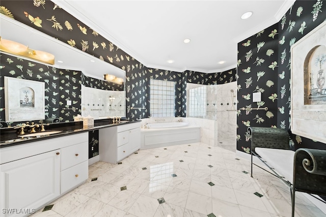 bathroom featuring vanity, independent shower and bath, and crown molding