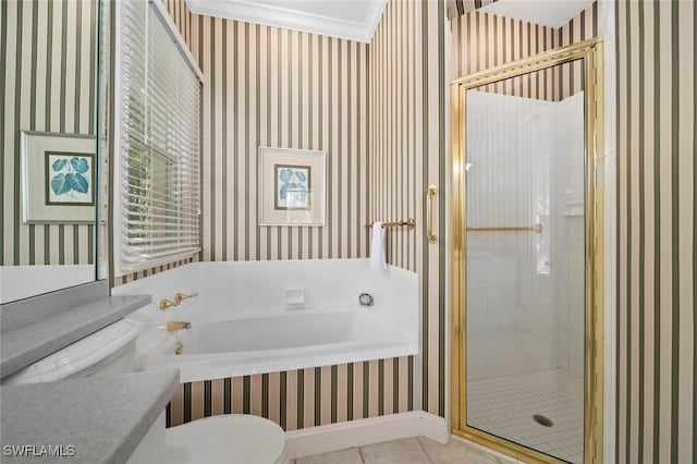 full bathroom with toilet, tile patterned flooring, ornamental molding, shower with separate bathtub, and vanity