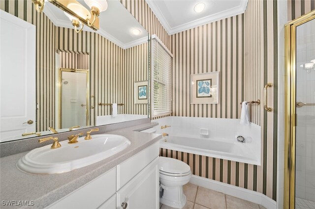 full bathroom with tile patterned flooring, vanity, toilet, crown molding, and independent shower and bath