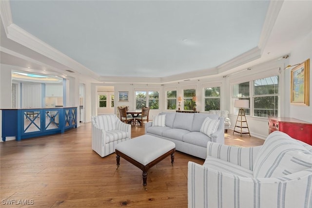 living room with a raised ceiling, light wood-type flooring, and ornamental molding