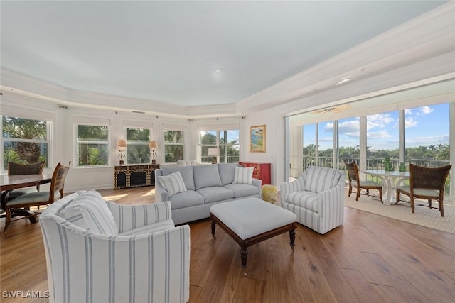 living room featuring crown molding, light hardwood / wood-style flooring, and a healthy amount of sunlight