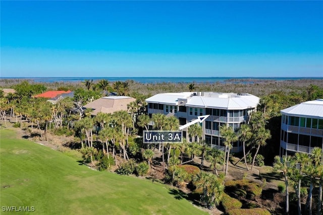 aerial view featuring a water view