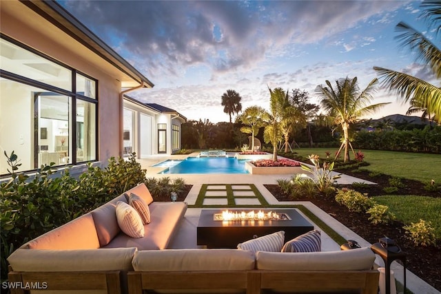 137 Tupelo Rd, Naples, FL 34108 - outdoor pool with an outdoor living space with a fire pit, a patio, and a yard