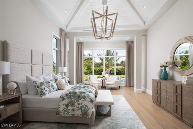 bedroom with a notable chandelier, light hardwood / wood-style floors, wood ceiling, and high vaulted ceiling