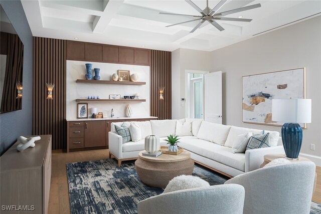 living room featuring ceiling fan, dark hardwood / wood-style flooring, beamed ceiling, and coffered ceiling