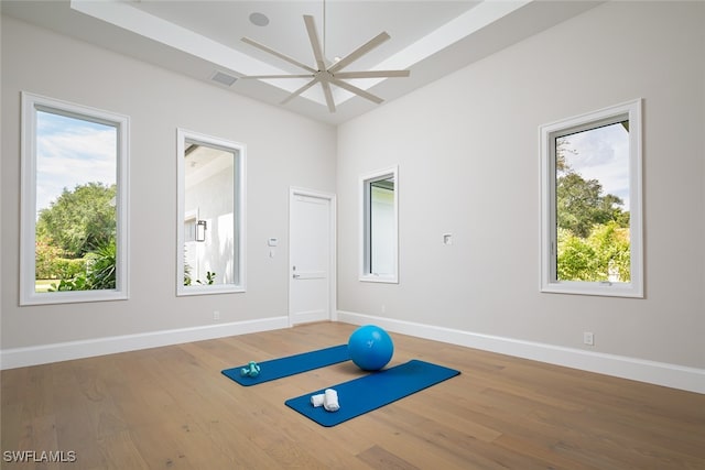 workout area with hardwood / wood-style flooring and ceiling fan