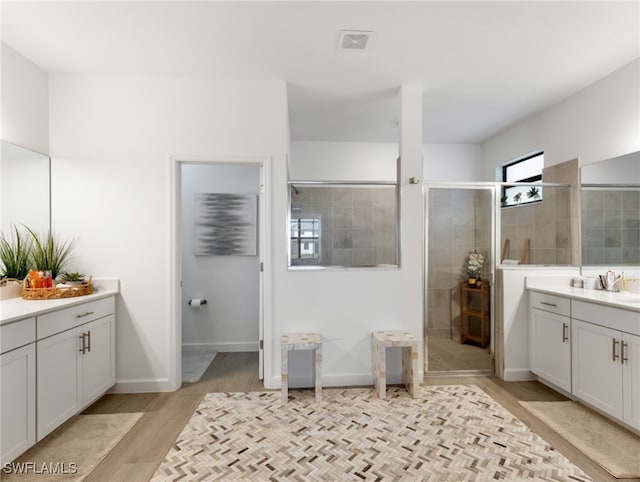 bathroom with vanity, wood-type flooring, and walk in shower