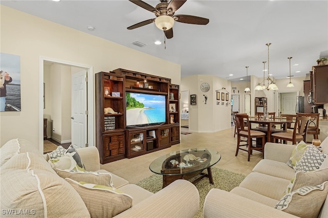 living room with light tile patterned floors and ceiling fan