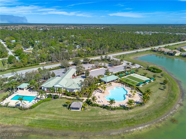 bird's eye view with a water view