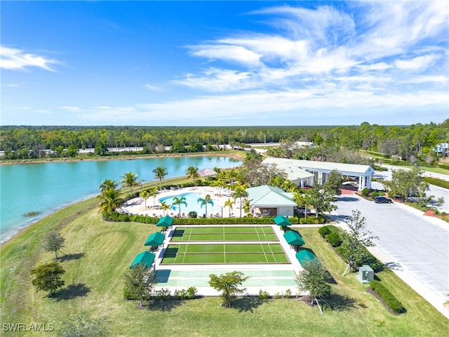 bird's eye view with a water view