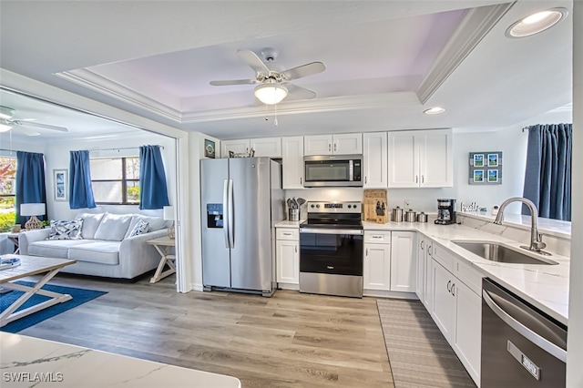 kitchen with appliances with stainless steel finishes, white cabinets, sink, and a tray ceiling