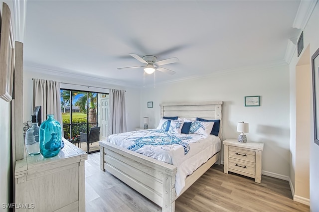 bedroom featuring light hardwood / wood-style floors, access to outside, ornamental molding, and ceiling fan