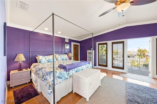 bedroom with access to outside, ornamental molding, ceiling fan, and vaulted ceiling