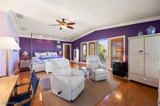 bedroom featuring lofted ceiling, ceiling fan, wood-type flooring, ornamental molding, and access to outside