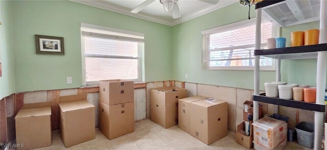 storage area featuring ceiling fan