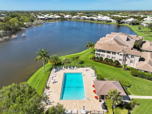 4021 Whiskey Pointe Ln Unit 202, Bonita Springs, FL 34134 - view from above of property with a pool and a large body of water