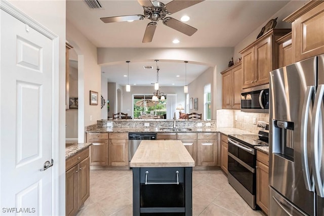 kitchen featuring a peninsula, ceiling fan, a center island, a sink, and appliances with stainless steel finishes