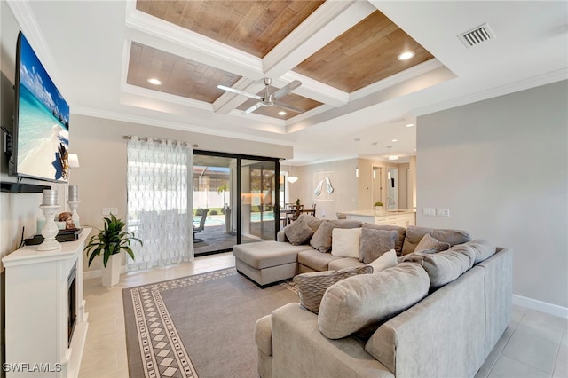 tiled living room featuring wood ceiling, ornamental molding, and coffered ceiling