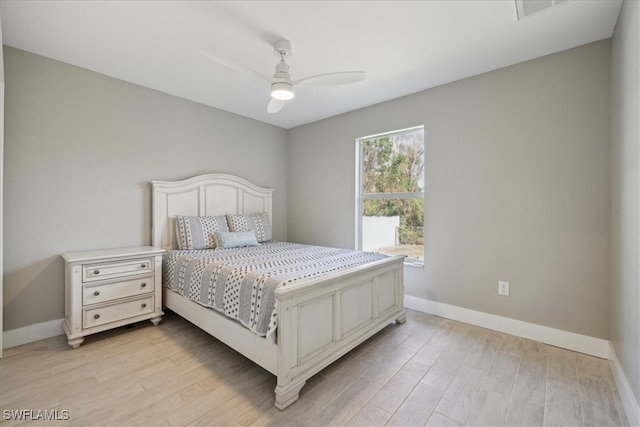 bedroom featuring ceiling fan and light hardwood / wood-style flooring