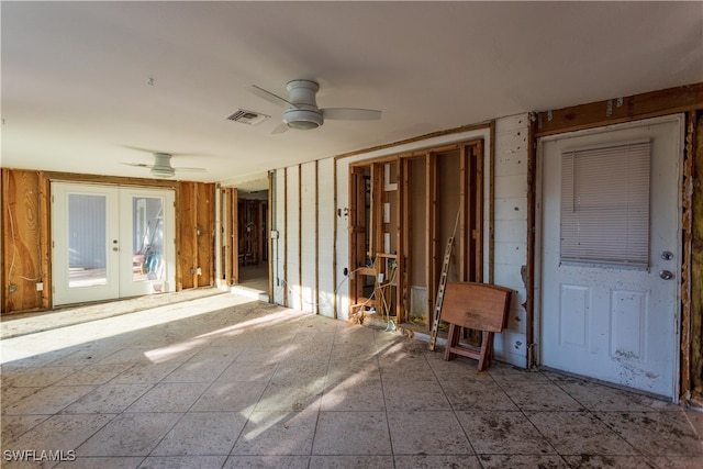 miscellaneous room with french doors and ceiling fan