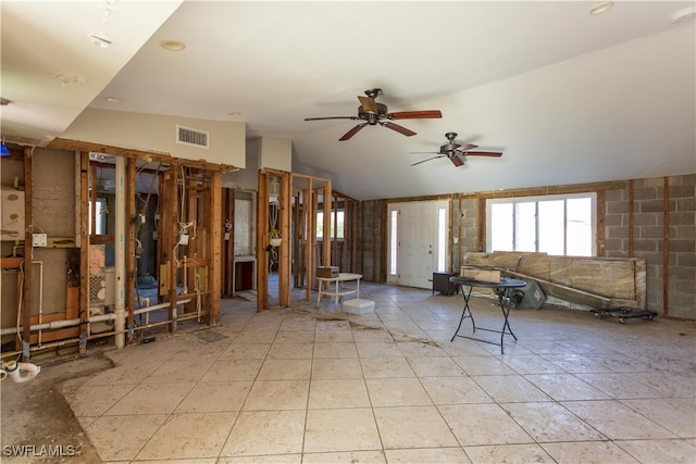 miscellaneous room featuring ceiling fan and vaulted ceiling