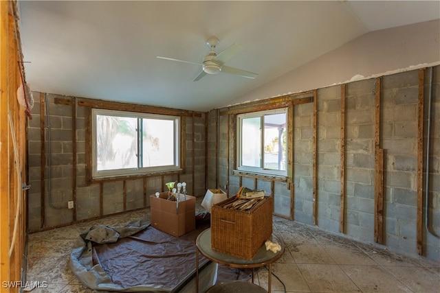 misc room featuring lofted ceiling, a healthy amount of sunlight, and ceiling fan