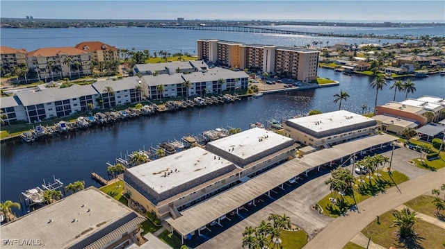 drone / aerial view with a water view