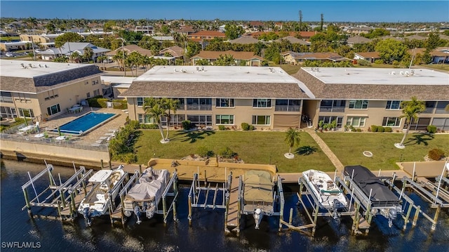 aerial view featuring a water view