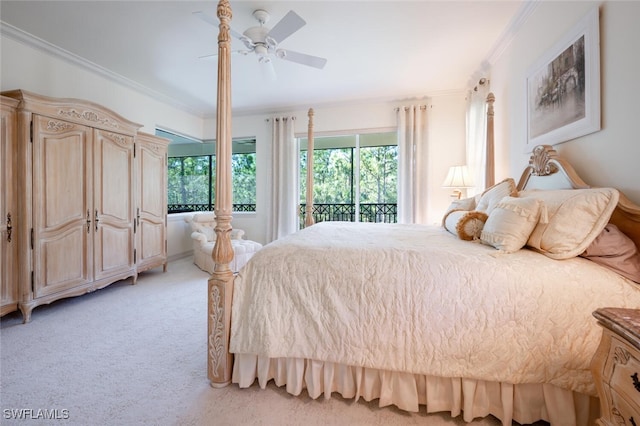 bedroom with ceiling fan, crown molding, access to outside, and light colored carpet