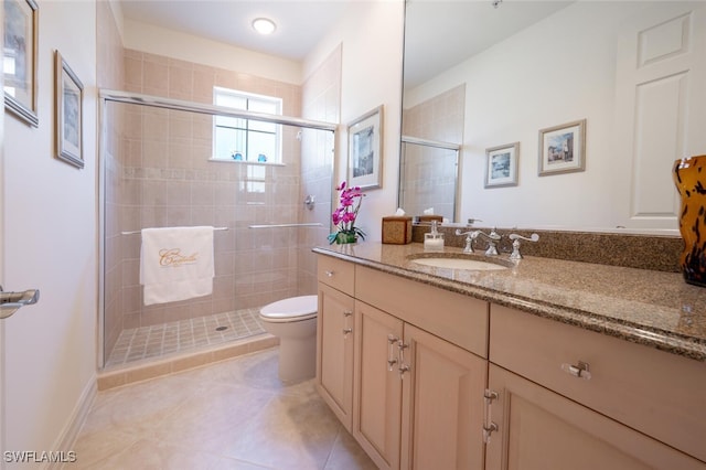 2843 Tiburon Blvd E Unit 7-102, Naples, FL 34109 - bathroom featuring a stall shower, toilet, vanity, and tile patterned flooring