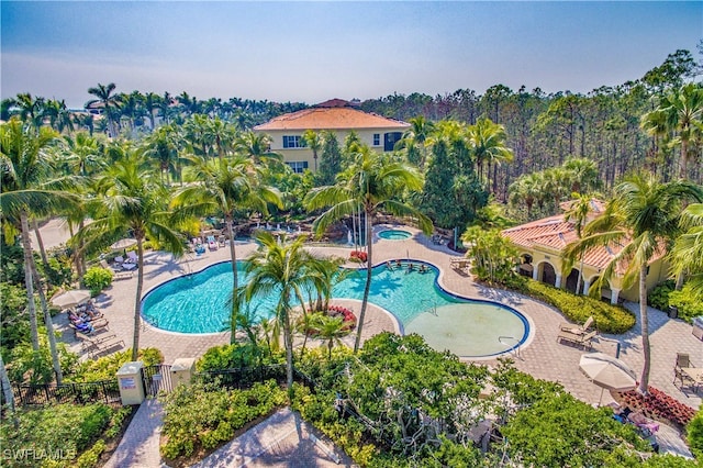 view of swimming pool featuring a community hot tub and a patio area