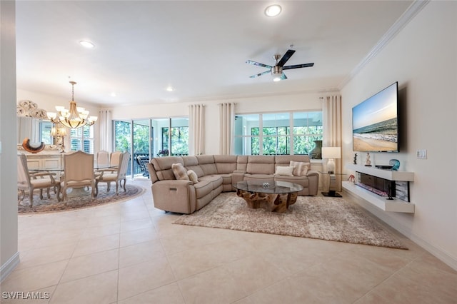 2843 Tiburon Blvd E Unit 7-102, Naples, FL 34109 - living room featuring ornamental molding, healthy amount of natural light, a chandelier, recessed lighting, and a ceiling fan