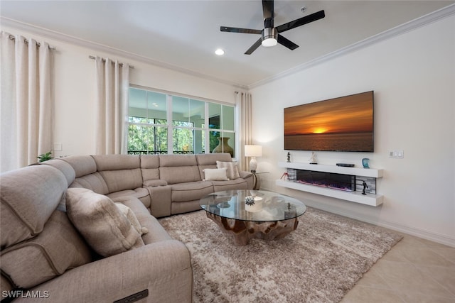 tiled living room with crown molding and ceiling fan