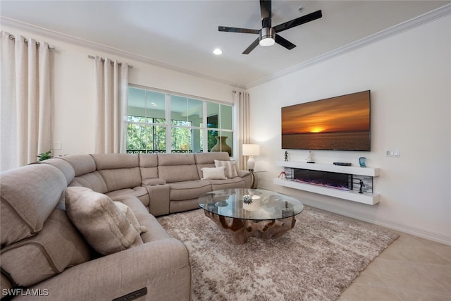 2843 Tiburon Blvd E Unit 7-102, Naples, FL 34109 - tiled living area featuring crown molding, ceiling fan, baseboards, and recessed lighting