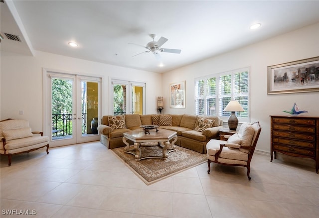 2843 Tiburon Blvd E Unit 7-102, Naples, FL 34109 - living area featuring a ceiling fan, light tile patterned floors, recessed lighting, and french doors