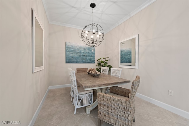 dining room with crown molding, a notable chandelier, and light tile patterned flooring