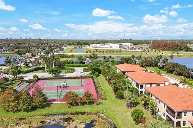 drone / aerial view with a water view