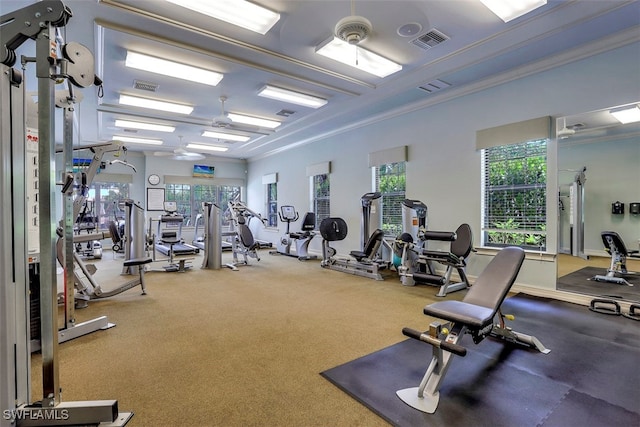 exercise room with ornamental molding