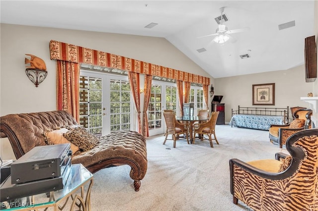685 11th St NW, Naples, FL 34120 - carpeted living area featuring lofted ceiling, french doors, and ceiling fan