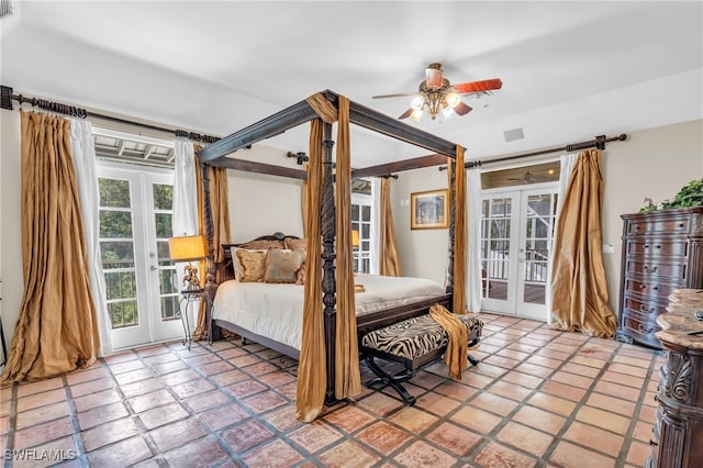 tiled bedroom with french doors, access to exterior, and ceiling fan