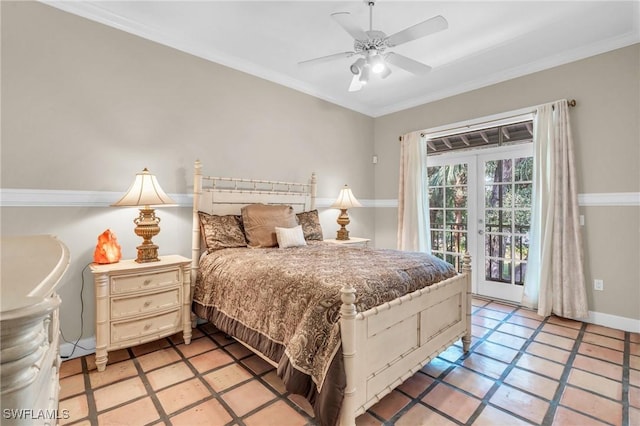 685 11th St NW, Naples, FL 34120 - bedroom with access to outside, ornamental molding, ceiling fan, baseboards, and light tile patterned floors