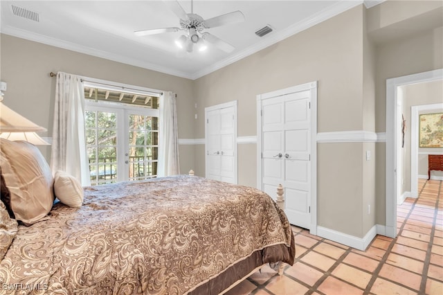 bedroom with access to outside, ceiling fan, ornamental molding, and light tile patterned floors