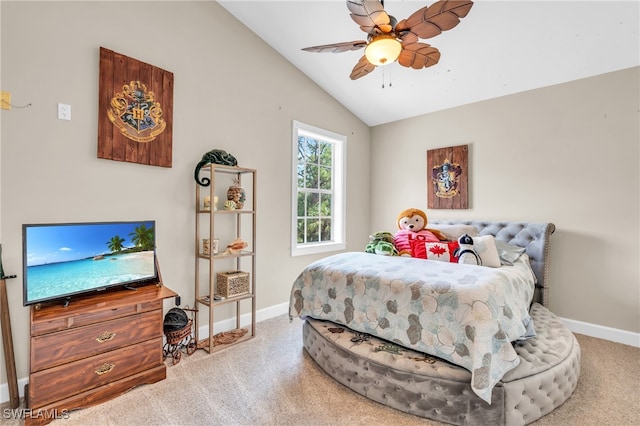 bedroom featuring vaulted ceiling, carpet flooring, and ceiling fan