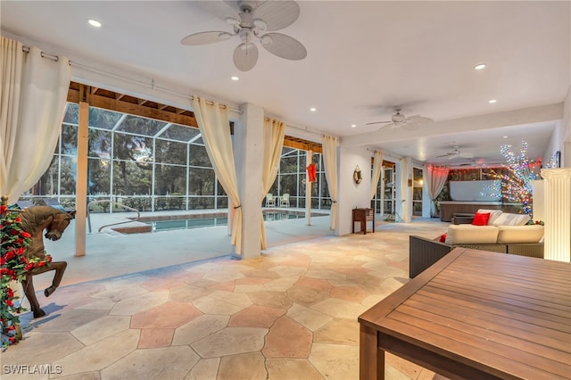 interior space featuring ceiling fan