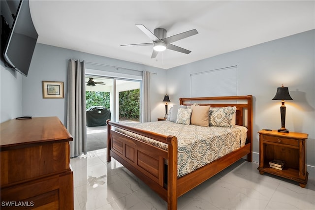 bedroom featuring access to outside and ceiling fan