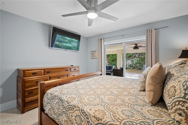 tiled bedroom with ceiling fan and access to outside