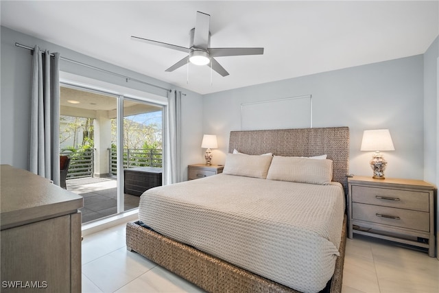 tiled bedroom featuring access to outside and ceiling fan